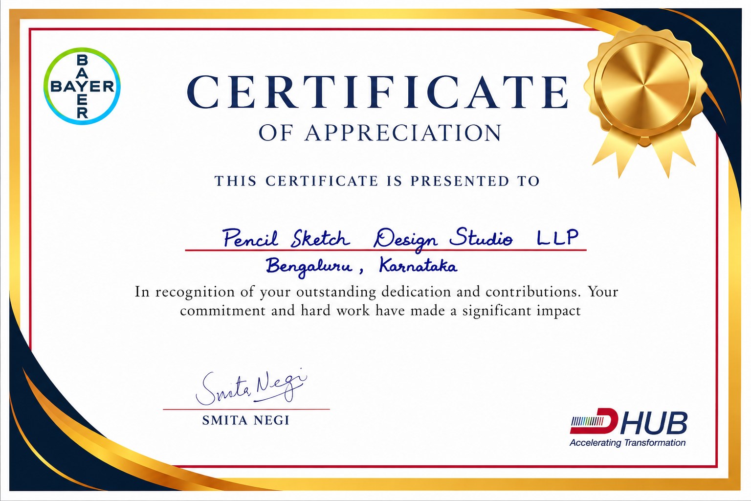 Certificate of Appreciation from Bayer HUB — presented to Pencil Sketch Design Studio LLP, Bengaluru, Karnataka